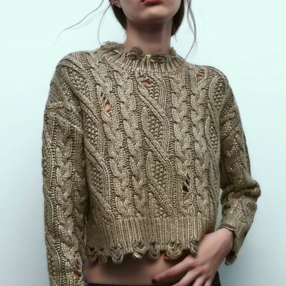 Zara Distressed Metallic Gold Cable Knit Sweater - Picture 1 of 11